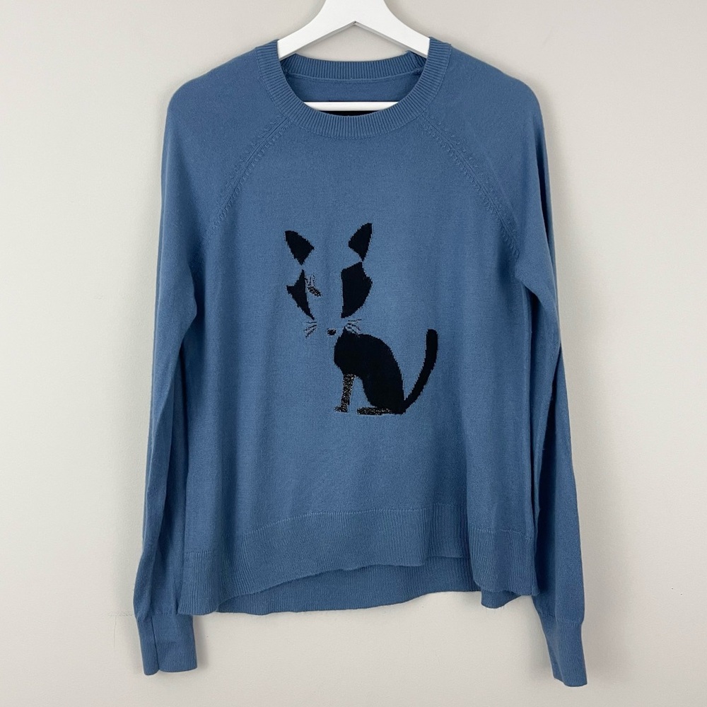 The Limited Novelty Black Cat Print Light Knit Blue Crewneck Sweater